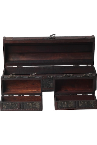 Lüks İşlemeli Vintage Eskitme Tasarımlı 3lü Sandık Çok Amaçlı Takı Aksesuar Kutusu Dekoratif Obje B