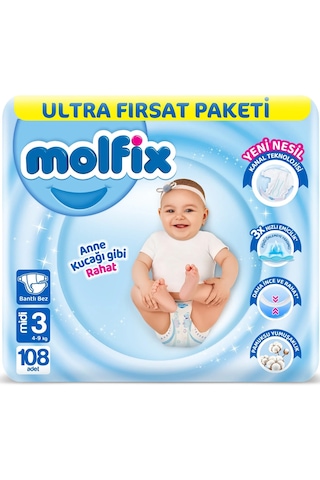 Molfix Bebek Bezi Beden:3 4-9kg Midi Ekonomik Ultra 216 Adet