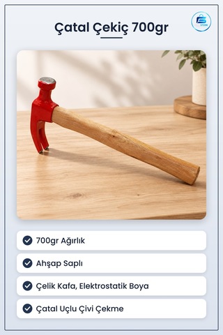 Çatal Çekiç 700gr Ahşap Saplı Elektrostatik Boyalı Çelik Kafa Çiv