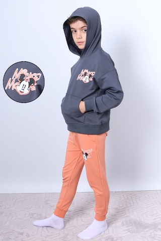 Erkek Çocuk Kapşonlu Eşofman Takımı Mickey Mouse Sırt Baskılı Ribanalı F3 Turuncu