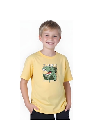 T-rex Baskılı Erkek Çocuk Kısa Kollu Tişört Sarı