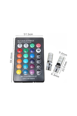 Kumandalı Çakarlı T10 Araç Park Ampulü 2 Adet 18 Led Rgb Park