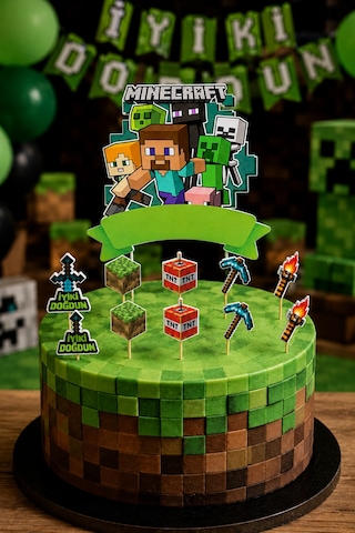 Minecraft Pasta Süsü Seti Büyük Figür Ve 10'lu Kürdan Dekoru Doğum Günü Süsü +3