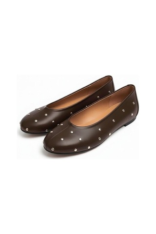 Ne&ve Shoes Kahve Deri Pim Detaylı Yuvarlak Burunlu Kadın Babet Kahverengi