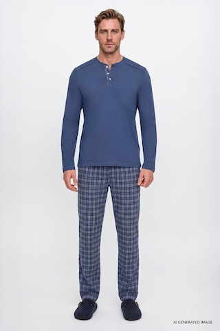 AC&Co / Altınyıldız Classics Erkek Indıgo %100 Pamuk Standart Fit Hakim Yaka Desenli Cepli Pijama Takımı İndigo