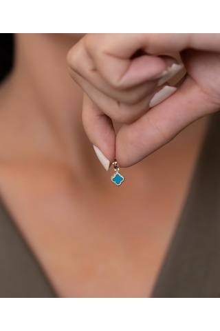 Bayar Gold 14 Ayar Altın Turkuaz Renkli Yonca Kolye Ucu Sarı Altın