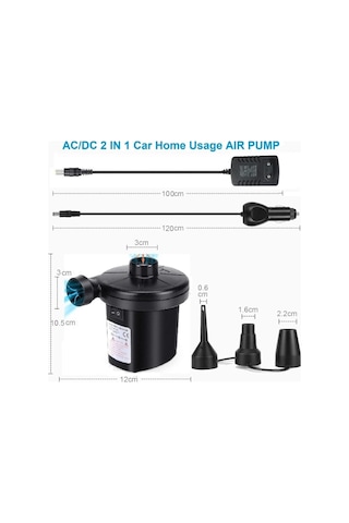Elektrikli Hava Pompası Şişme Yatak Şişirme Vakumlama 12v Ac/50w Adaptör Ve Çakmaklık Girişli 3 Hava Nozullu Bot Simit Şişme Koltuk Deniz Yatağı Pompa Air Pump