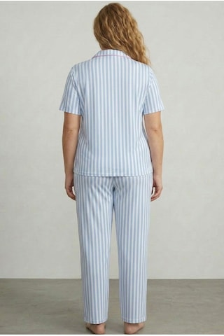 Siyah İnci Desenli Pamuklu Düğmeli Curve Büyük Beden Battal Pijama Takım Mavi Beyaz