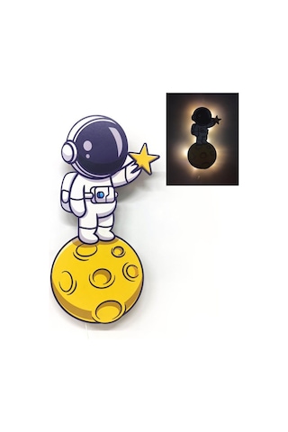CajuArt Ay Astronot Ahşap Işıklı Çocuk Odası Duvar Tablosu Dekor