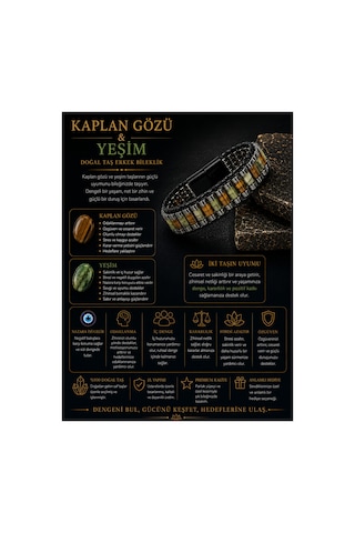Sertifikalı Kaplan Gözü Yeşim Siyah Hematit Silindir Kesim Kilitli Doğal Taş Deri Erkek Bileklik Çok Renkli