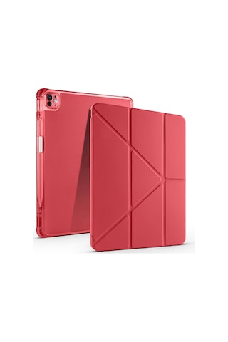 Apple Uyumlu iPad Pro 13 2025 M5 Kılıf Mkst Tri Folding Kalem Bölmeli Standlı Kılıf - Kırmızı Tablet Kılıfı