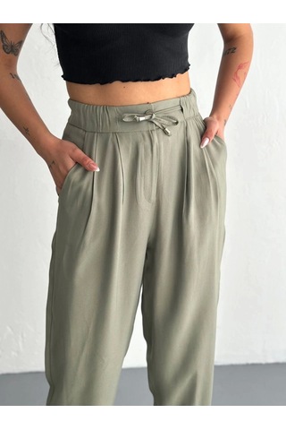 Kadın Yüksel Bel Beli Bağcıklı Cepli Rahat Paça Pantalon - Su Yeşili Su Yeşili