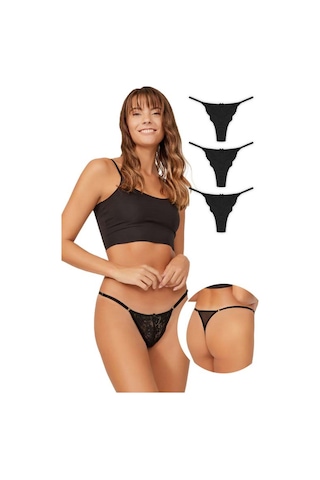 Cottonhill Önü Dantelli Tül Detaylı Kadın Tanga 3'lü Paket Külot - 4 Renkli-4 Çok Renkli