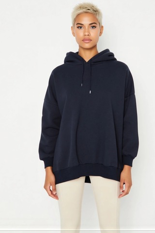 Benerly Kadın Kapüşonlu Düşük Kol Örme Geniş Kalıp Sweatshirt Fonksiyonel Lacivert