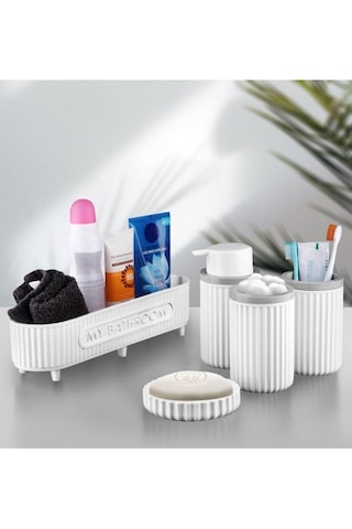 Flora 5 Parça Banyo Seti Çok Amaçlı Sepet, Sıvı Sabunluk, Katı Sabunluk, Diş Fırçalık, Pamukluk Beyaz