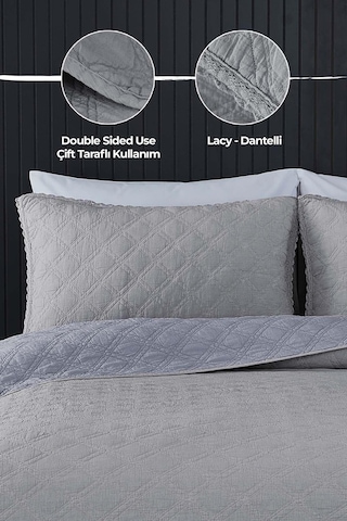 Evlen Home %100 Pamuk Çift Kişilik Özel Taş Yıkama Yatak Örtüsü Barbara 3 Parça Yumuşak Modern Gri