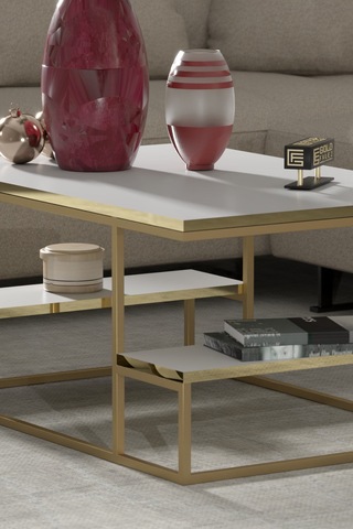Reyo Falez Deluxe Raflı Orta Sehpa 60x90 Cm Modern Dikdörtgen Orta Sehpa Gold Beyaz Gold - Beyaz
