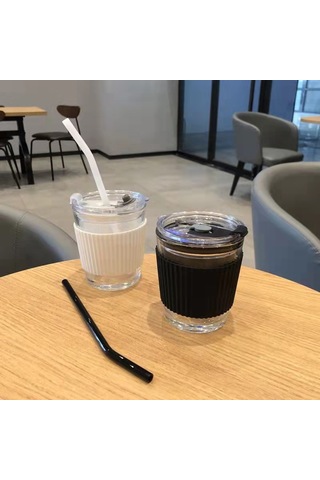 Yunboo Siyah Cam Kahve Bardakları: Kapak Ve Pipetli, Isıya Dayanıklı, Modern Tasarım Siyah