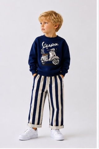 Motor Baskı Detaylı Erkek Çocuk Lacivert Sweatshirt & Çizgili Eşofman Alt Üst Takım Laci Vert