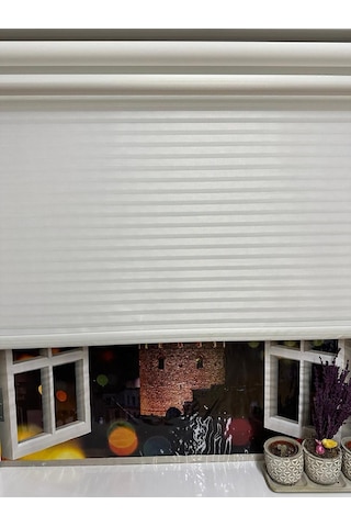 Çizgili Çift Mekanizmalı Tül Ve Stor Perde - Model 1 Beyaz