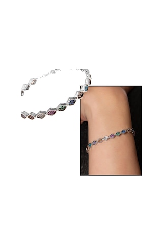 Altıgen Tasarım Multicolor Zirkon Taşlı Tam Tur 925 Ayar Gümüş Ka