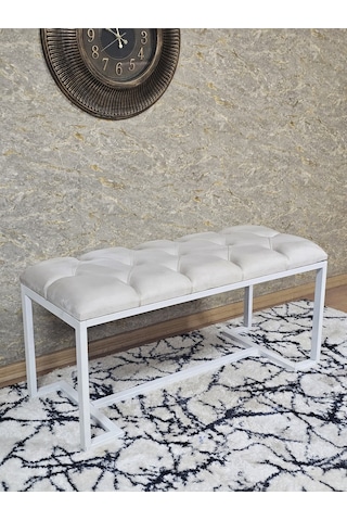 Zafir Beyaz Boyalı - L - Ayaklı 100 Cm X 38 Cm Oturak - Bench - Makyaj Taburesi - Makyaj Oturak Krem