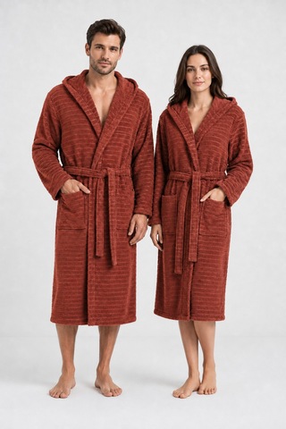 Pamuklu Kapüşonlu Banyo Bornozu Yumuşak Doku Çeyiz Cepli Kemerli Unisex Kiremit