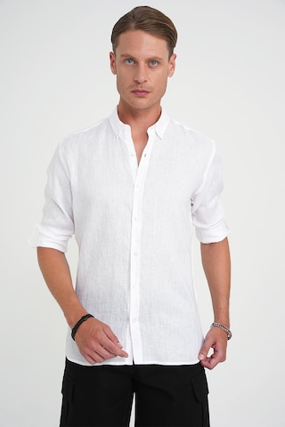 Comfort Fit Düğme Yaka Katlanır Kol %100 Keten Düz Beyaz Gömlek G 1595 Beyaz