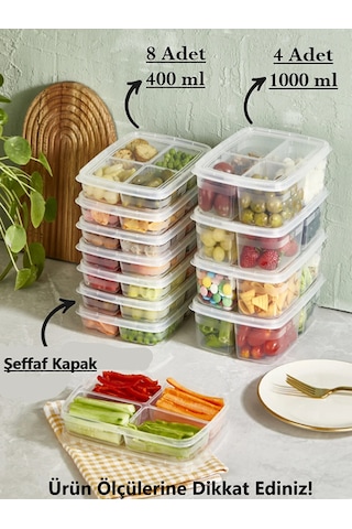 Bayev 12'li Saklama Seti (8 Adet 400 ml ) (4 ADET 1 LT) 4 Bölmeli Öğünlük Saklama Kabı Çok Renkli