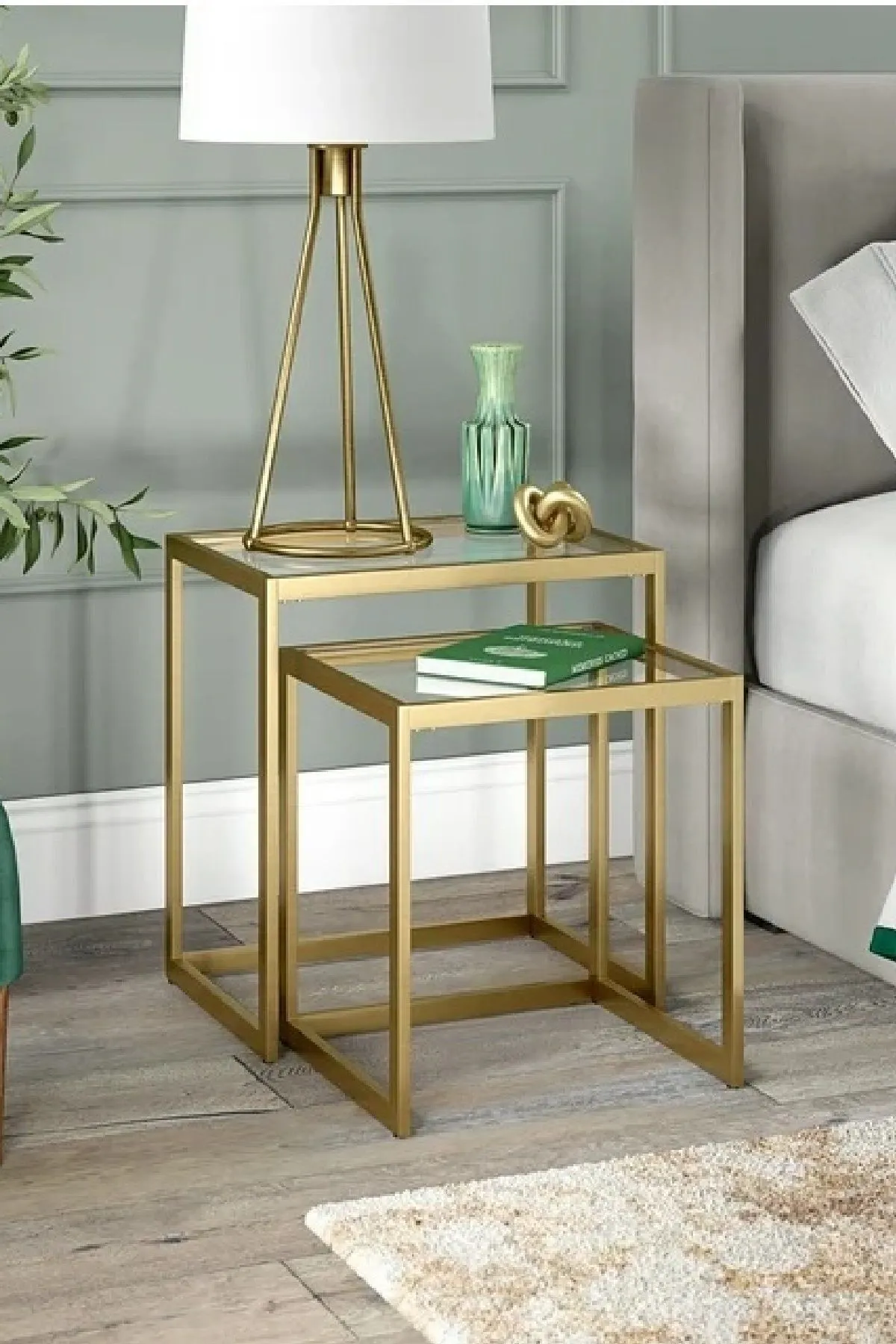 Modern Metal İskeletli Temper Camlı Zigon Sehpa Yan Sehpa Gold-şeffaf