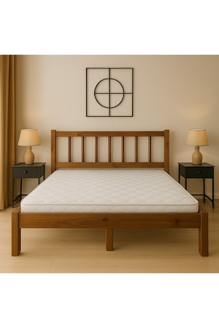 140cm X 190cm Masif Ahşap 2 Kişilik Yuvarlak Çıtalı Başlıklı Karyola Ceviz Rengi