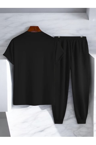 Uyguntarz Unisex Saksı Tasarım Basklı Tshirt Eşofman Takımı Siyah
