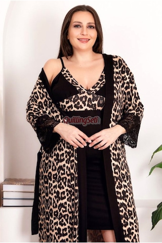 Siyah Renk Leopar Desenli Lady 19219 Askılı, Battal, Büyük Beden 2li Sabahlıklı Anne Gecelik Takım