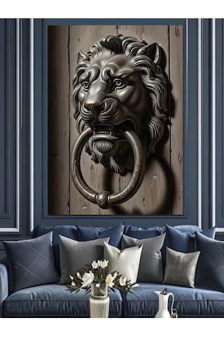 Ahşap Tablo Aslan Başlı Kapı Tokmağı