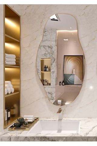Asimetrik 90x50 Konsol, Dresuar, Tuvalet Aynası 1.kalite Şişecam Ayna 90 X 50 Gold 110324002 Gold