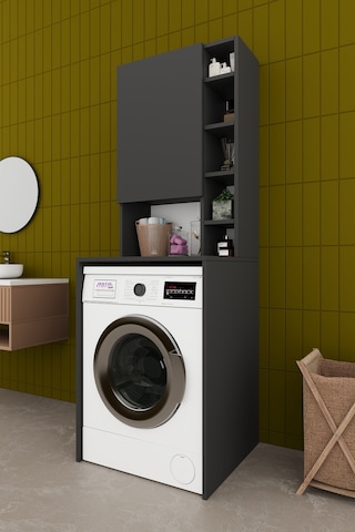 Asra Trend Çamaşır Makinesi Üstü Banyo Dolabı BD-02 %100 MDF Kapaklı Organizer Raf Antrasit