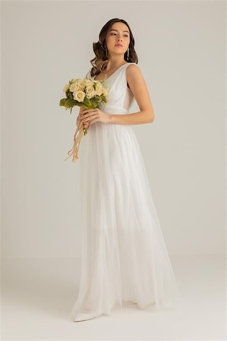 Dipmoda Kadın Beyaz Drapeli Tül Abiye Elbise Dp2030 Beyaz