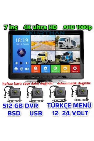 7 İnç 4 Ch Ahd 1080p Ultra Hd 512 Gb Dvr-usb-bsd Monitör Seti 12 - 24 Volt