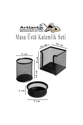 Masa Üstü Siyah Fileli Kalemlik Seti 3 Parça 1 Paket 3 Lü Masa Üstü Düzenleyici Kalemlik Küp Notluk Ataşlık