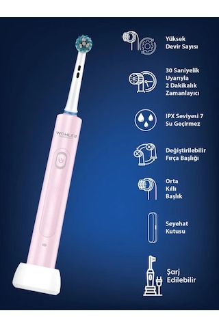 Wohler Değiştirilebilir Başlıklı Şarj Edilebilir Elektrikli Diş Fırçası - Pembe Şarjlı