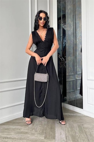 Neşeli Butik Kadın Düğme Detaylı Kolsuz Tasarım Elbise Nbemp2774 Siyah