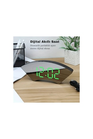 Dekoratif Masaüstü Dijital Saat Kavisli Sıcaklık Tarih Ölçen Şık Usb Aynalı Led Işıklı Alarmlı Saat Siyah