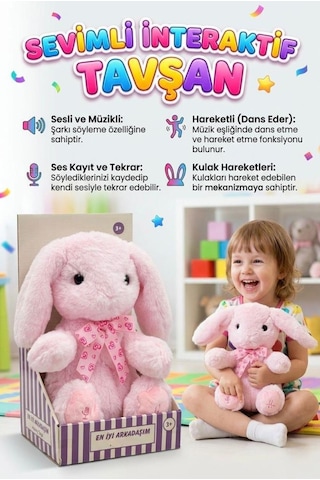 Pembe Tavşan Arkadaşım Sesli Müzikli Ses Kaydı Ve Ses Tekrarı Yapan Hareketli Kulaklı Oyuncak Peluş