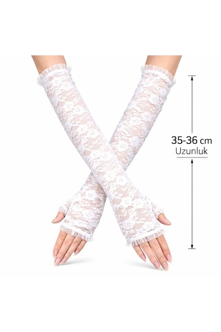 Savarga Uzun Zarif Dantel Eldiven Parmaksız Beyaz 35 Cm 4801