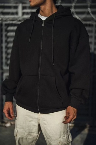 Oversize Tam Fermuarlı Uzun Kol Hırka - Siyah Siyah