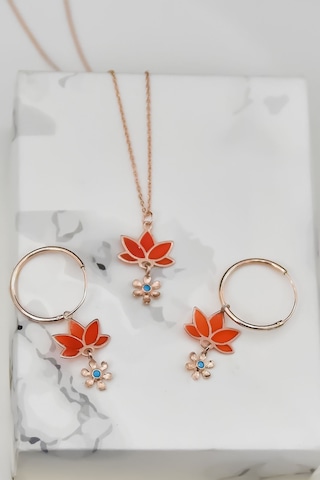 Papatya Silver 925 Ayar Gümüş Rose Kaplama Parlayan Rüya Serisi Tasarım Ebruli Cam Boyamalı Lotus Kolye ve Küpe Set