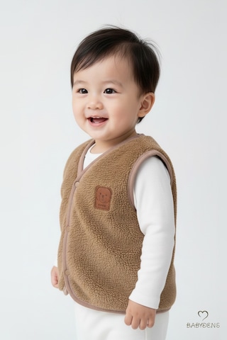 Babyden's Welsoft Erkek Bebek Çocuk Çıtçıtlı Yelek Ayıcık Armalı, Yumuşak Peluş Bebek Yeleği Kahverengi