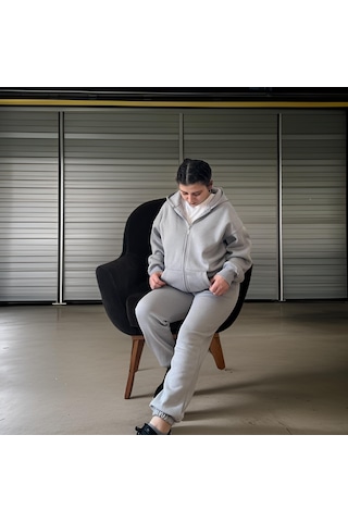 Ceyss Design Unisex Üç İplik Şardonlu Kapüşonlu Hırkalı Eşofman Takımı-açık Gri Açık Gri