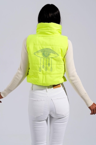 Keyifli Moda Kadın Neon Yeşil Sırtı Taş İşlemeli Dik Yaka Kısa Şişme Yelek-neon Yeşil Neon Yeşil