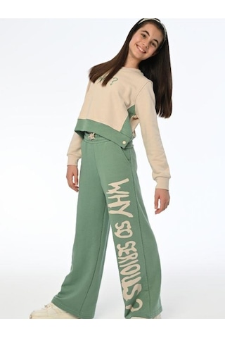 Kız Çocuk Why Yazılı Yanlardan Çıt Çıtlı Bol Paça Eşofman Takım-13538 Yeşil